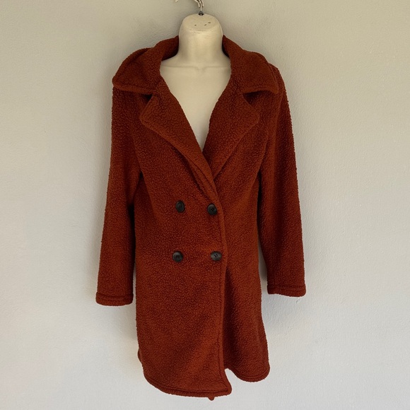 SHEIN burnt orange rust fuzzy Sherpa fleece double breasted jacket size small - Picture 3 of 12